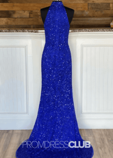 Kimberley |Royal Blue Long Prom Dresses Near Me With High Neck Sequin Mermaid Detachable Train - Price #price_variant_lowest# - Royal Blue - PromDressClub